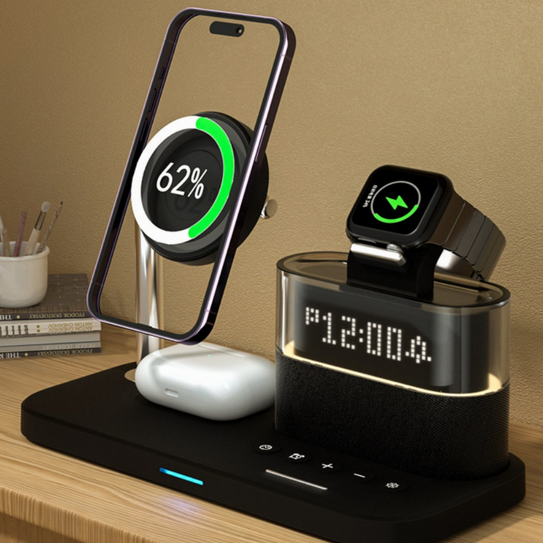 5-in-1 Magnetic Wireless Charging Station w. Alarm Clock Night Light - iPhone, AirPods, Apple Watch